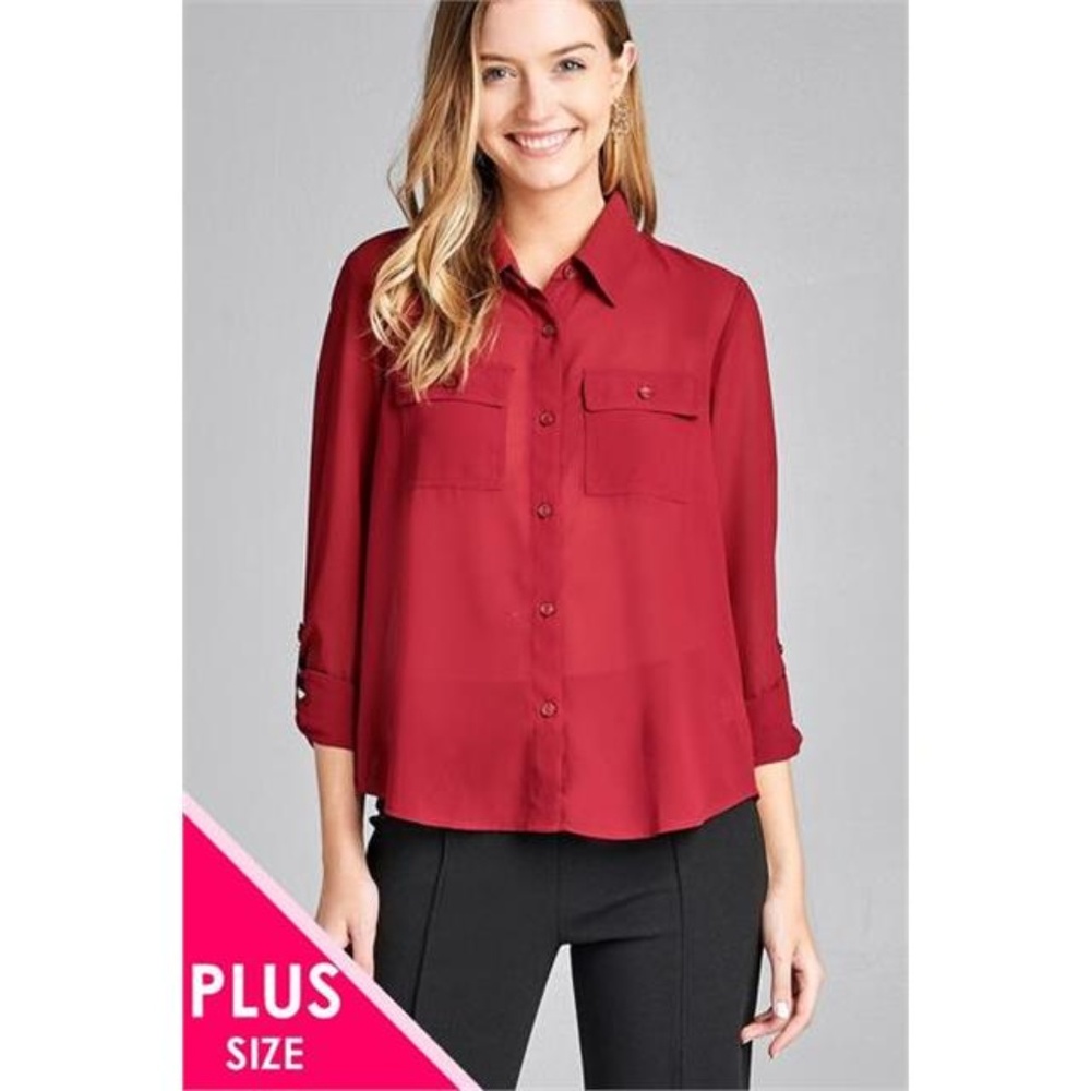 CURVY ROSE L/S FRONT POCKET CHIFFON TOP 3 PACK